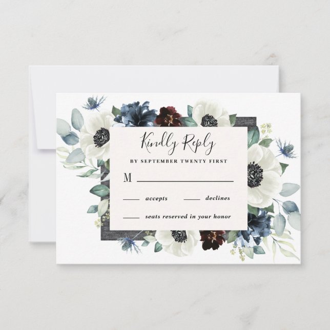 Anemone Dusty Blue Thistle Burgundy Floral Wedding RSVP Card (Front)