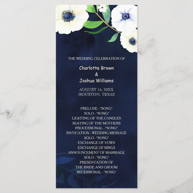 Anemone Floral Navy Blue Wedding Program (Front)