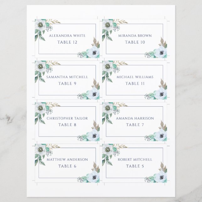 Anémone florale Elégante carte de lieu de mariage (Devant)