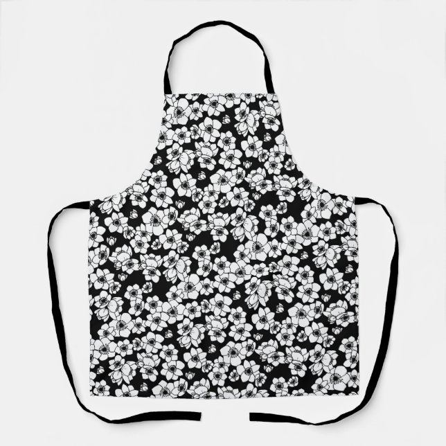 Anemone Flower Black and White Apron (Front)