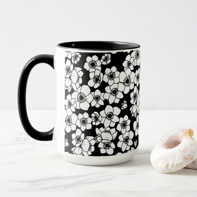 Anemone Flower Black and White Mug (With Donut)