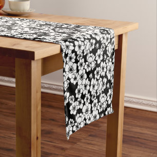 Anemone Flower Black and White Short Table Runner