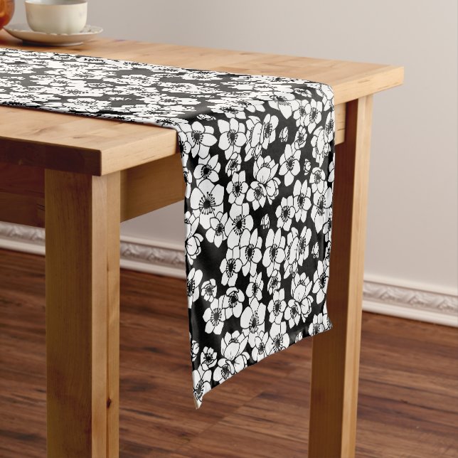 Anemone Flower Black and White Short Table Runner (In Situ)