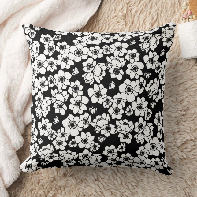 Anemone Flower Black and White Throw Pillow (Blanket)