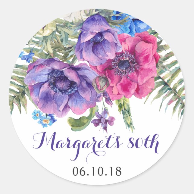Anemone Flower Floral 80th Birthday Classic Round Sticker (Front)