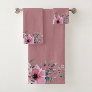 Anemone Foliage on Pink Background Bath Towel Set