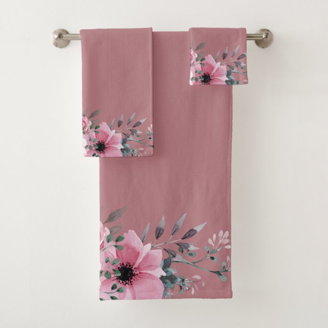 Anemone Foliage on Pink Background Bath Towel Set (Insitu)