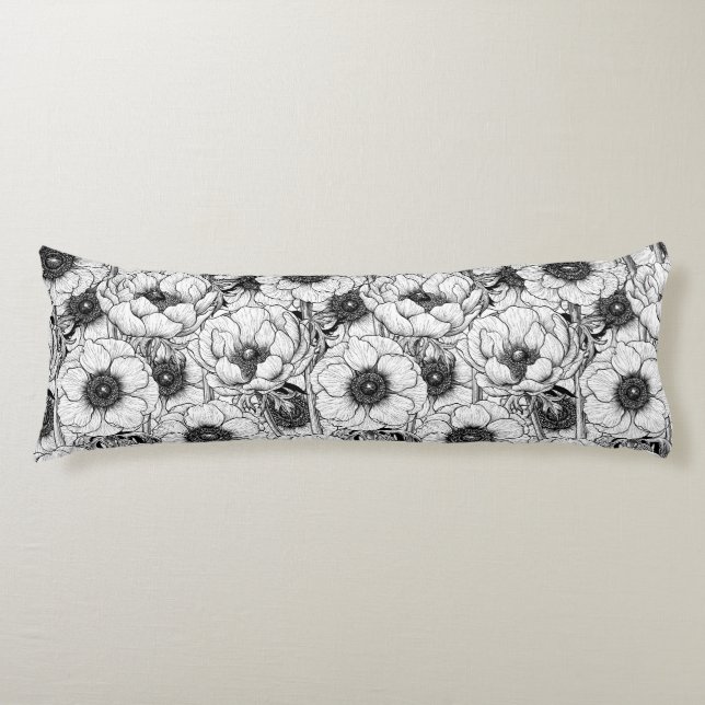 Anemone garden in black and white body pillow (Front)