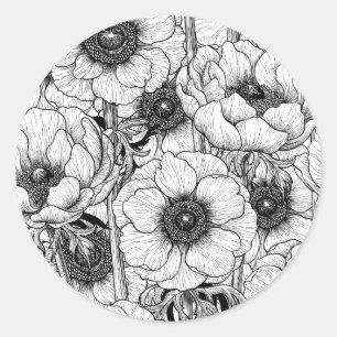 Anemone garden in black and white classic round sticker