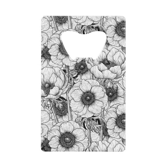 Anemone garden in black and white credit card bottle opener (Front)