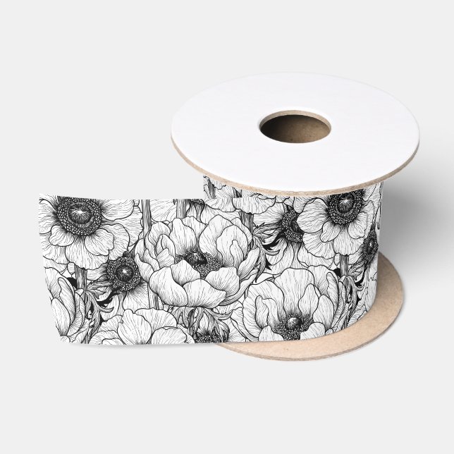 Anemone garden in black and white satin ribbon (Spool)