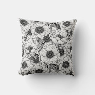 Anemone garden in black and white throw pillow