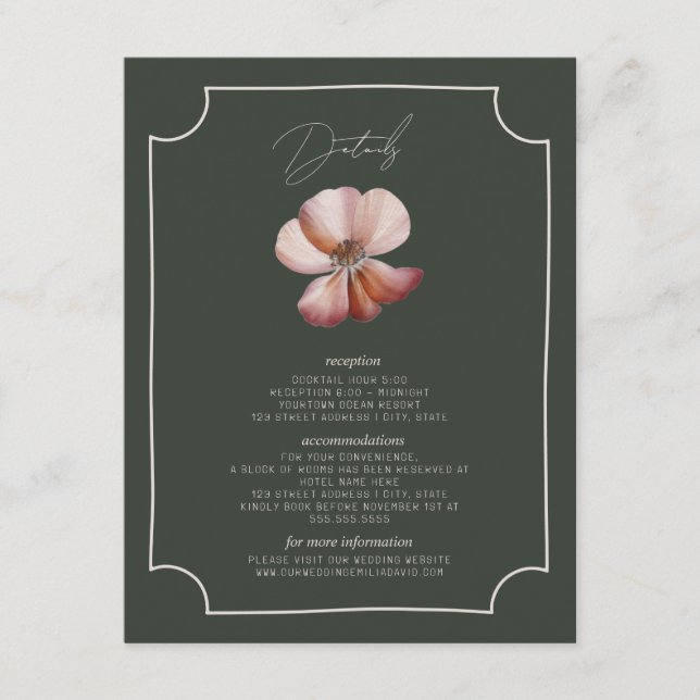 Anemone Hand Drawn Border Green Wedding Details Enclosure Card (Front)