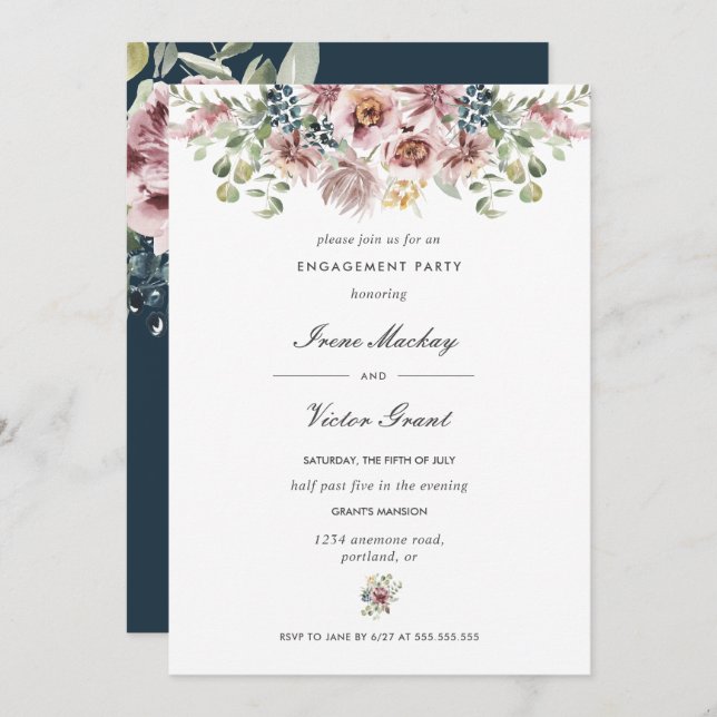 Anemone Navy Blue Botanical  Engagement Party Invitation (Front/Back)