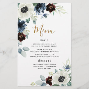Anemone Navy Blue Burgundy Boho Wedding Menu Cards