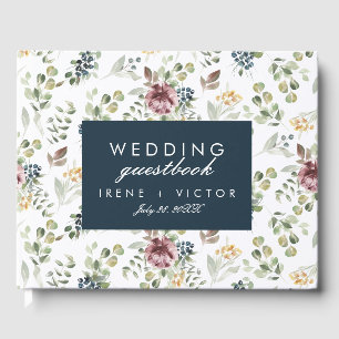 Anemone Navy Blue Wedding Personalized Flower Guest Book