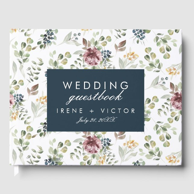 Anemone Navy Blue Wedding Personalized Flower Guest Book (Front)