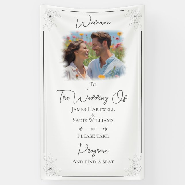 *Anemone on White wedding Find Your Seat  Banner (Vertical)