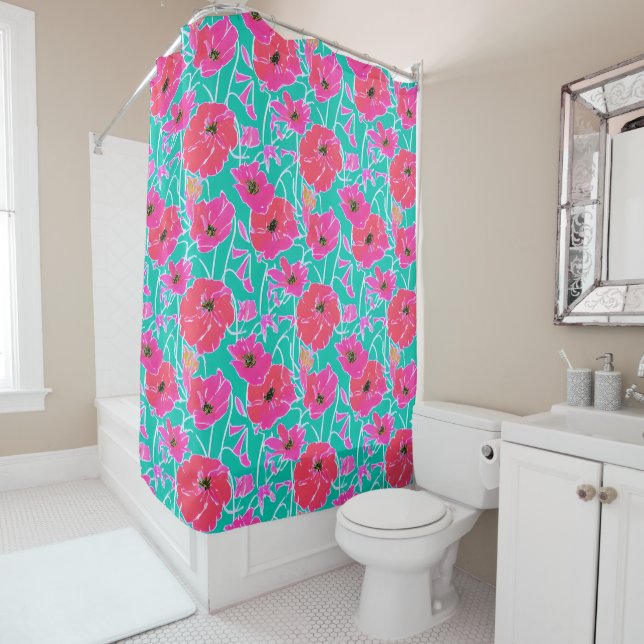 Anemone Painting Pattern Pink & Aqua Floral  (In Situ)