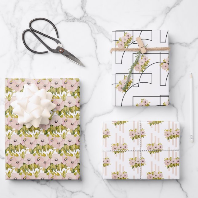 Anemone Pink Flowers Watercolor Hand-painted Wrapping Paper Sheet (Front)