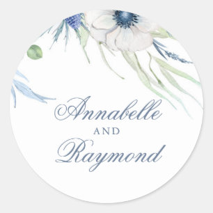 Anemone Thistle Natural Dusty Blue Watercolor Classic Round Sticker