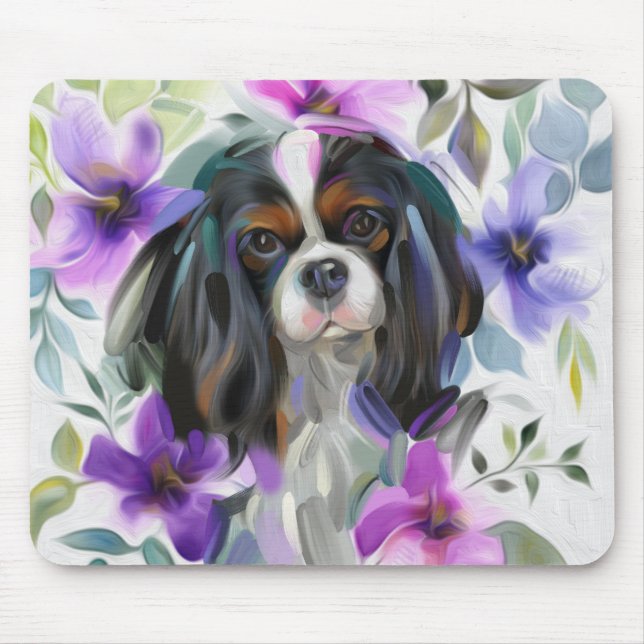 'Anemone' Tricolor cavalier dog art mousepad (Front)