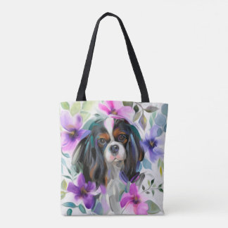 'Anemone' Tricolor cavalier dog art tote bag