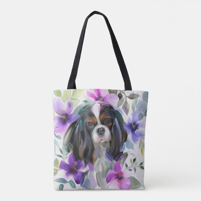 'Anemone' Tricolor cavalier dog art tote bag (Back)