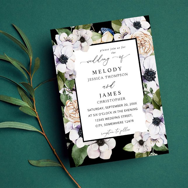 Anemone White Floral Wedding - Black Invitation (Creator Uploaded)