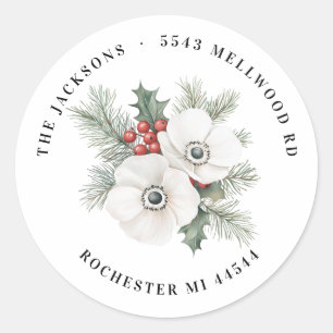 Anemones and Berries Christmas Return Address  Classic Round Sticker