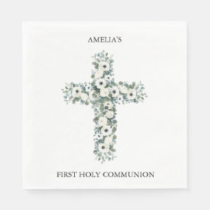 Anemones and Eucalyptus cross First Holy Communion Napkin