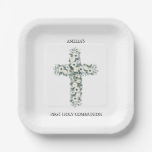 Anemones and Eucalyptus cross First Holy Communion Paper Plate