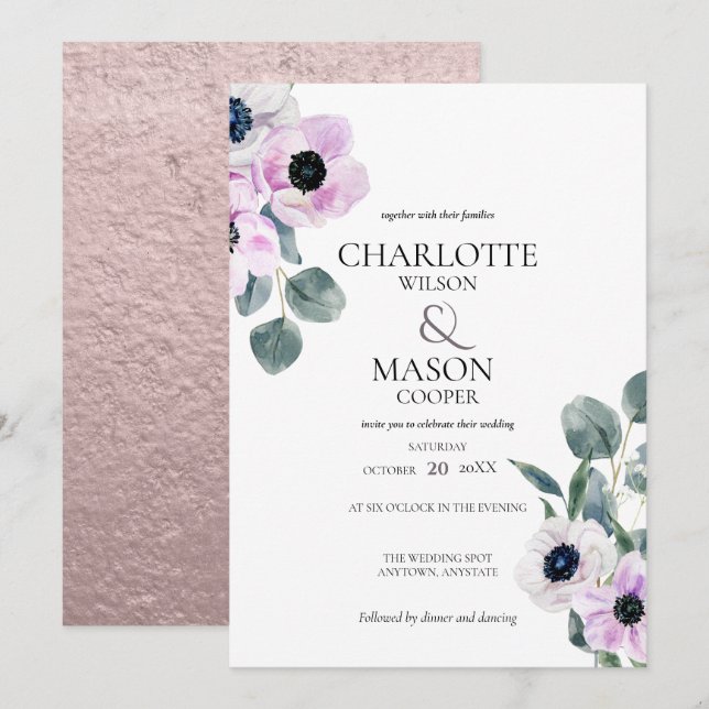 Anémones Aquarelle Fleurs Mariage Invitations (Devant / Derrière)