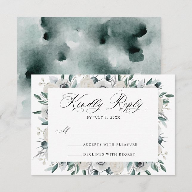Anémones blancs et mariage floral Rose carte RSVP (Devant / Derrière)