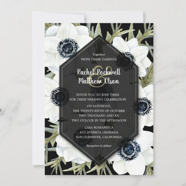 Anemones Botanical Black and White Wedding Invites (Front)