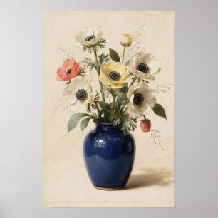 Anémones dans un vase cobalt Affiche florale