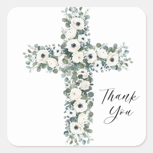 Anemones Eucalyptus cross Religious Thank You Square Sticker (Front)