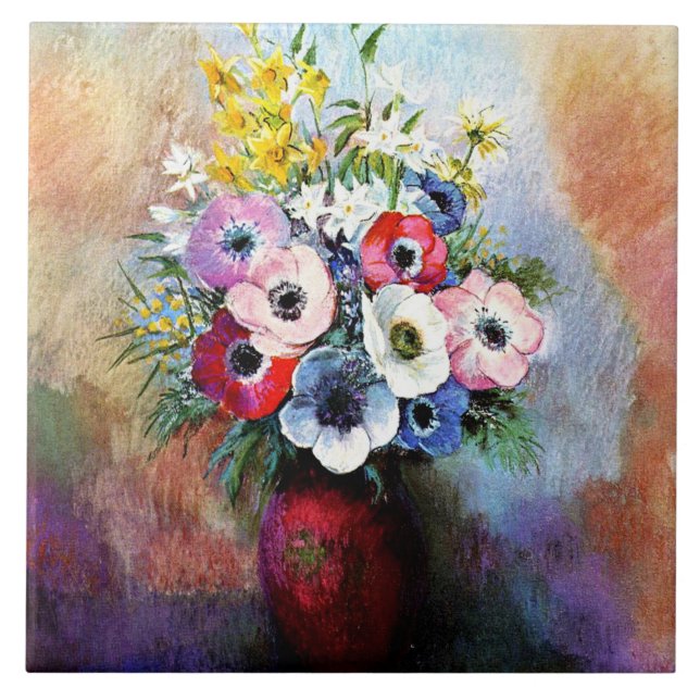 Anemones, famous painting, by Odilon Redon Tile (Front)