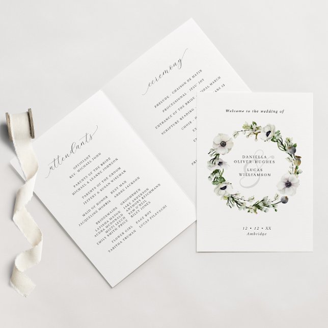 Anemones Floral Wreath Winter Folded Wedding Program (Creator Uploaded)