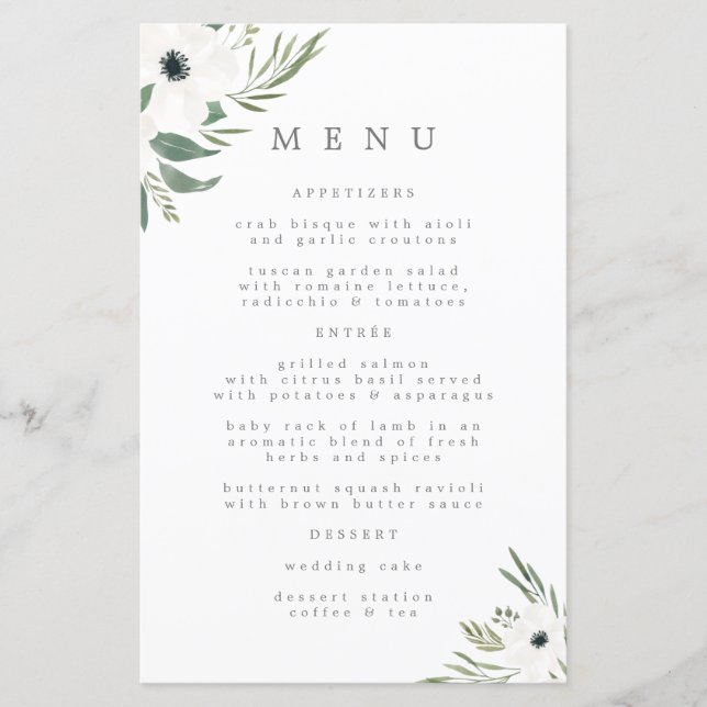 Anemones Sage & Dusty Eucalyptus Wedding Menu (Front)