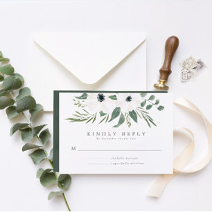 Anemones Sage & Dusty Green Eucalyptus Wedding RSVP Card