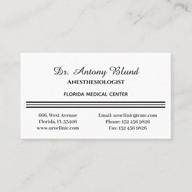 Anesthesiologist Simple White and Black Business Card (Front)