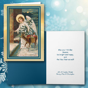 Ange avec cerf et cadeaux Carte de Noël Vintage