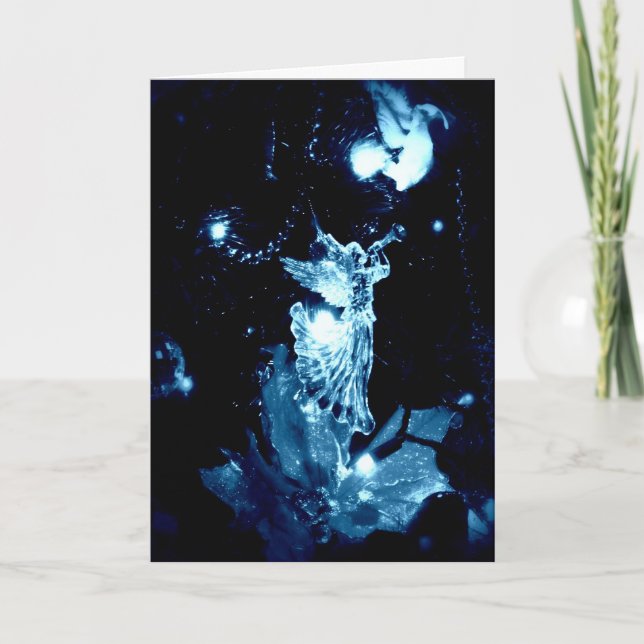 Ange bleu sur carte noire de Noël (Devant)