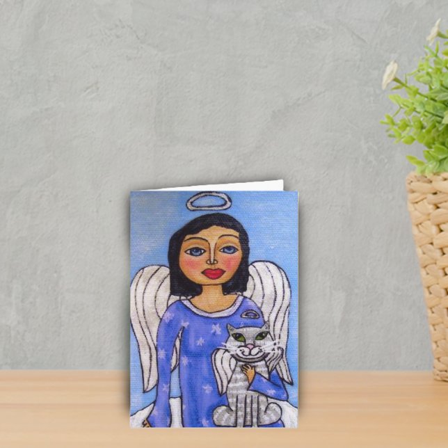 Angel and Cat  Holiday Card (Angle blue eyes on cloud holding white angel cat on blue Merry christmas greeting card.)