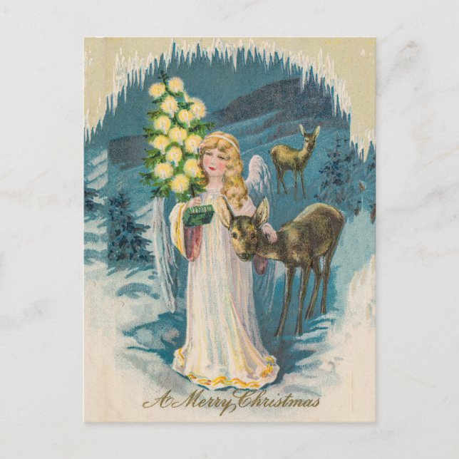 Angel and Deers Merry Christmas Vintage Holiday Postcard (Front)