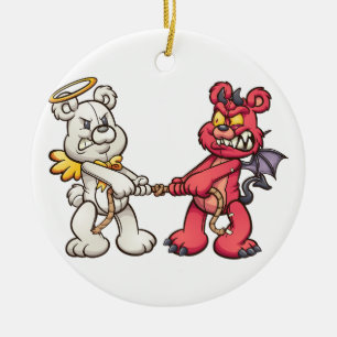 angel and devil teddy bears in a tug of war ceramic ornament
