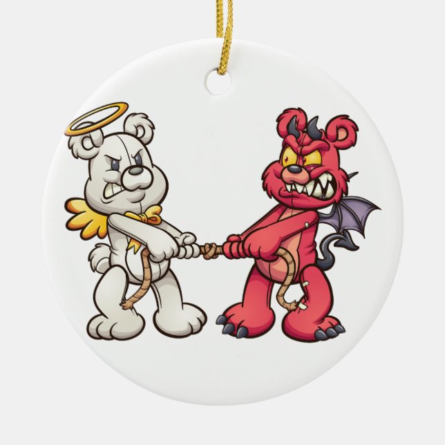 angel and devil teddy bears in a tug of war ceramic ornament (Front)