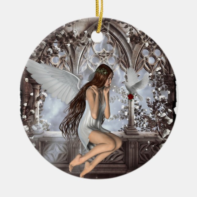 Angel and Her Dove Ceramic Ornament (Front)