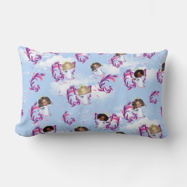Angel Baby Girls Flying Among Clouds Lumbar Pillow (Front)